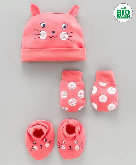 Babyoye Cap Mittens and Booties Set Kitty Print Pink - Diameter 10.5 cm