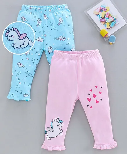 Babyoye Biowash Cotton Full Length Leggings Unicorn Print Pack of 2 - Blue Pink