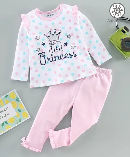 Babyoye Full Sleeves Cotton Tee and Lounge Pant Set Polka Dot Print - Pink