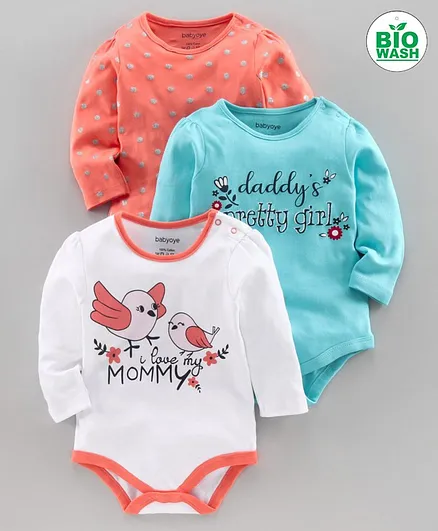 Babyoye 100% Cotton Full Sleeves Onesies Multiprint Pack of 3 - Blue Orange White