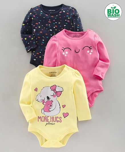 Babyoye Full Sleeves Onesies Multiprint Pack of 3 - Yellow Pink Navy Blue