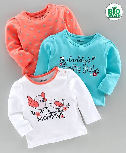 Babyoye Full Sleeves Cotton Tees Multi Print Pack of 3 - Coral Blue White
