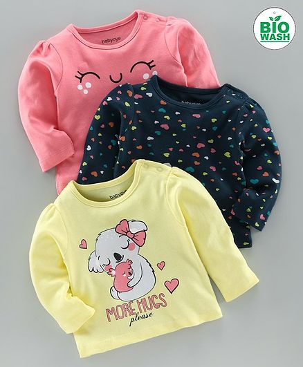 Babyhug Cotton Full Sleeves Tee Heart Print Pack of 3 - Yellow Black