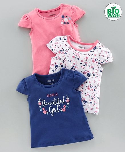 Babyhug Cotton Cap Sleeves Tee Floral Print Pack of 3 - Blue Pink