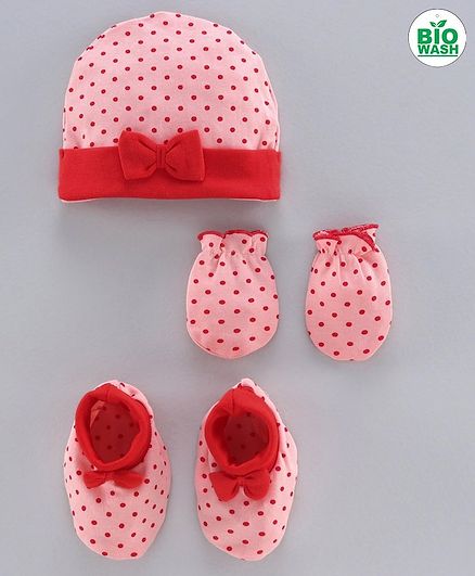 Babyoye Printed Cap & Mittens With Booties Bow Applique Pink - Diameter 8.5 cm