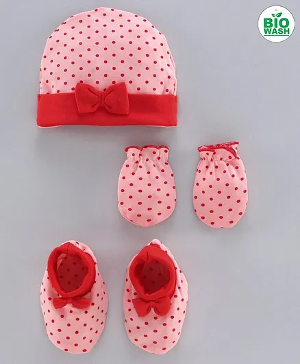 Babyoye Printed Cap Mittens & Booties Set Bow Applique Pink - Diameter 9 cm