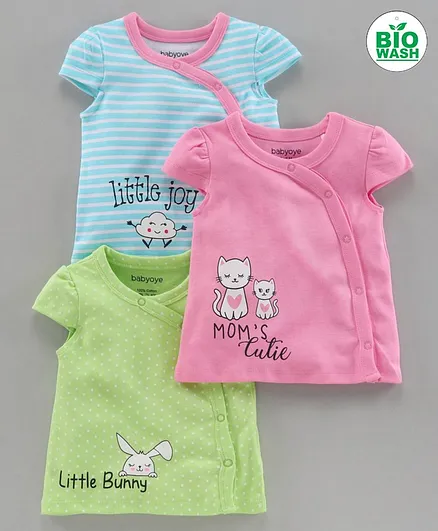 Babyoye Cap Sleeves Printed Jhabla Pack of 3 - Pink