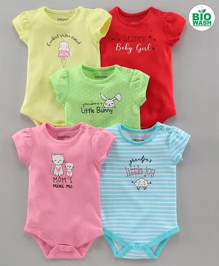 Babyoye Short Sleeves Multi Printed Cotton Onesies Pack of 5 - Multicolour