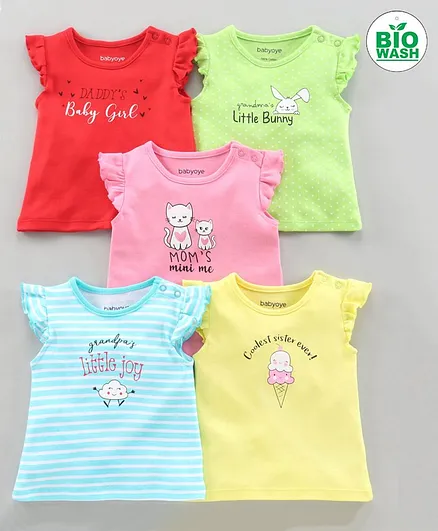 Babyoye Cotton Cap Sleeves Tees Multiprint Pack of 5 - Multicolour
