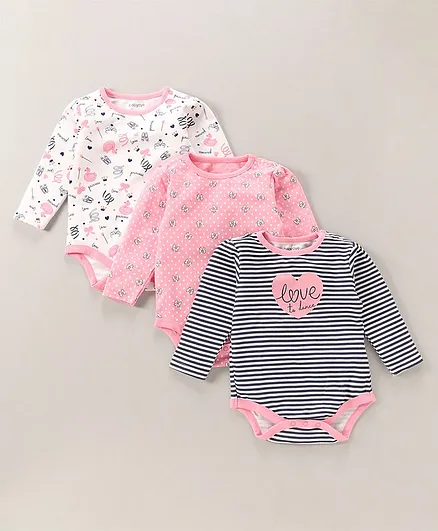 Babyoye Full Sleeves Onesie Bow Print Pack of 3 - Pink