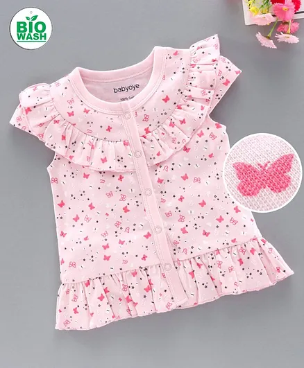 Babyoye Cap Sleeves Jhabla Butterfly Print - Pink