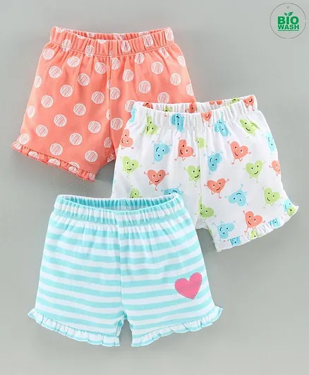 Babyoye Cotton Shorts Multiprint Pack of 3 - Coral White Blue
