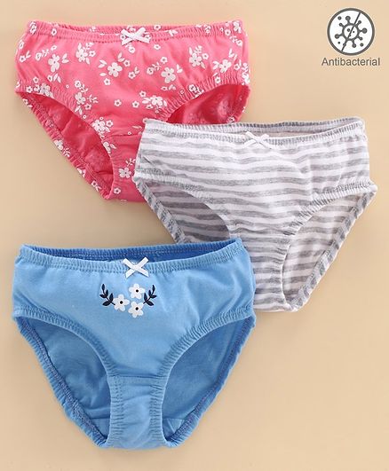 Babyoye Cotton Panties Striped & Printed Pack of 3 - Pink Grey Blue