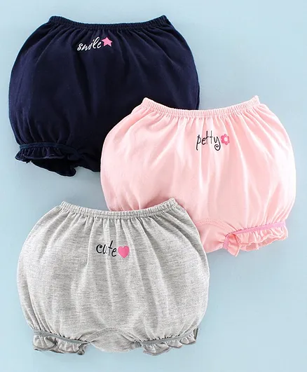 Babyoye Biowash Cotton Bloomers Text Print Pack of 3 - Navy Blue Pink Grey