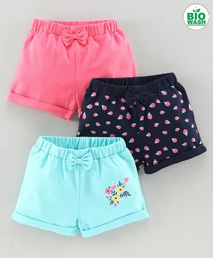 Babyoye Mid Thigh Length Cotton Shorts Strawberry Print Pack of 3 - Pink
