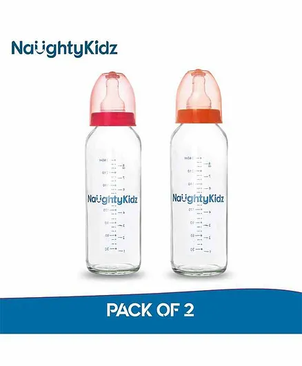 Naughty Kidz 2 Glass feeding bottle with 4 Ultra Soft Nipples Pink Orange - 240 ml Each