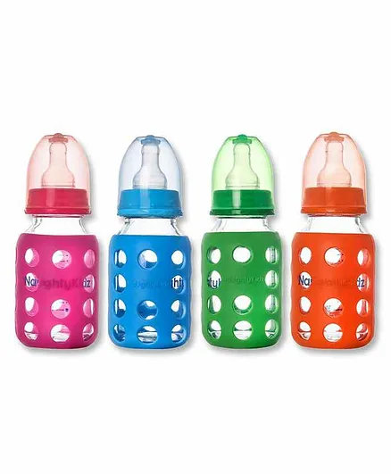 Naughty Kidz 4 Glass Feeding Bottles with Warmer & 8 Nipples Multicolor - 240 ml each