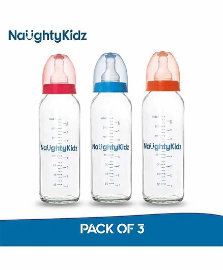 Naughty Kidz 3 Glass Feeding Bottles with 6 Nipples Pink Blue Orange - 240 ml Each