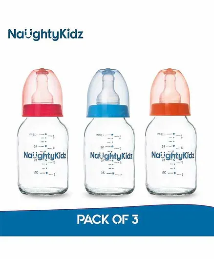 Naughty Kidz 3 Glass Feeding Bottles with 6 Nipples Orange Blue Pink - 120 ml Each