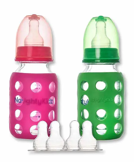 Naughty Kidz Glass Feeding Bottle With Warmer And 4 Soft Teats Pack of 2 - 120 ml Each