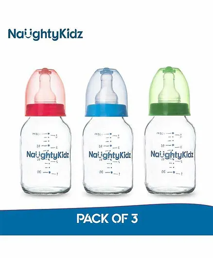 Naughty Kidz Premium Glass Feeding Bottles & 6 Teats Green Pink Blue - 120 ml Each