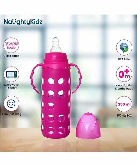 Naughty Kidz Premium Twin Handle Glass Feeding Bottle with 2 Teats and Cover Pink - 250 ml