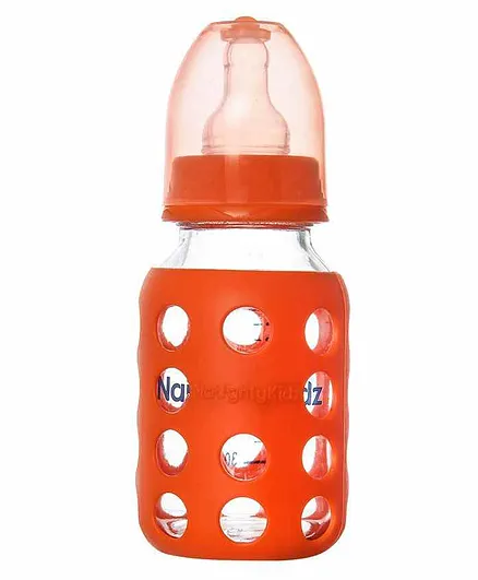 Naughty Kidz Glass Feeding Bottle With Protective Warmer And 2 Teats Pink - 120 ml