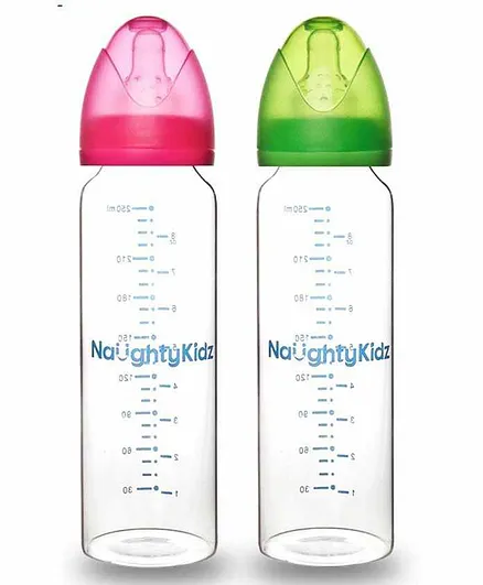 Naughty Kidz Premium Glass Feeding Bottle With 4 Teats Pink Green - 250 ml Each