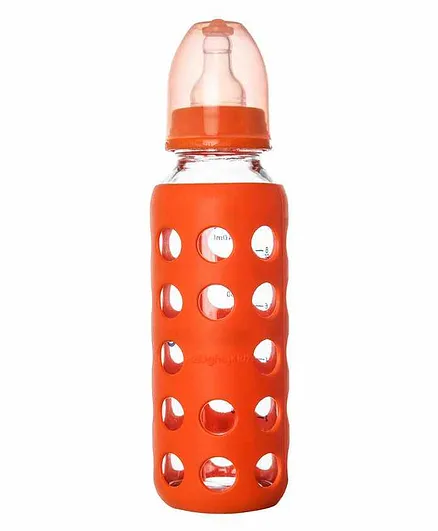 Naughty Kidz Premium Glass Feeding Bottle with 2 Silicone Teats Orange - 240 ml