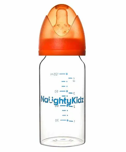Naughty Kidz Borosil Glass Feeding Bottle with 2 Teats Orange - 125 ml
