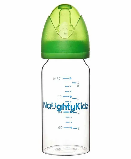 Naughty Kidz Borosil Glass Feeding Bottle with 2 Teats Green - 125 ml