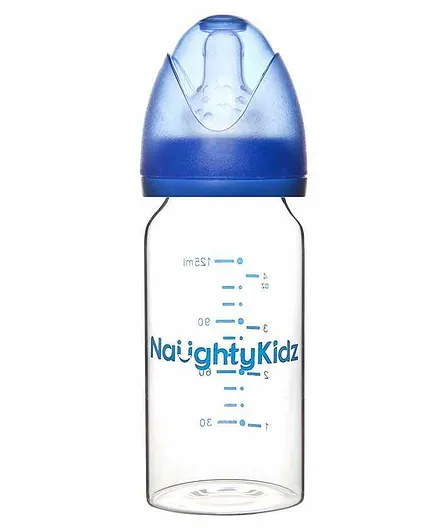 Naughty Kidz Borosil Glass Feeding Bottle with 2 Teats Blue - 125 ml