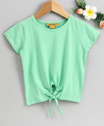 Global Desi Girl Short Sleeves Front Knot Detailed Top - Green