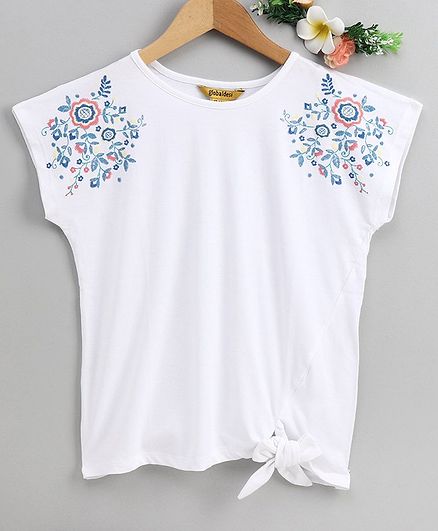 Global Desi Girl Short Sleeves Flower Design Top - White