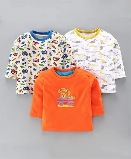 Kidi Wav Dino Print Full Sleeves Pack Of 3 Tee - Orange