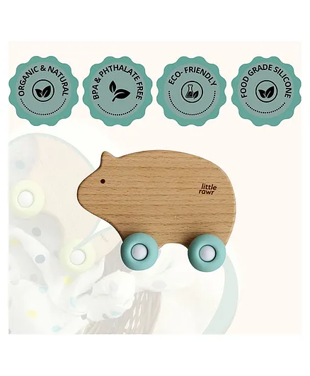 Little Rawr Wooden & Silicone Teething Wheel Animal - Blue