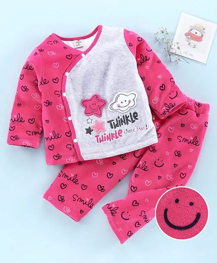 Brats and Dolls Full Sleeves Winter Wear Night Suit Smile Print - Pink