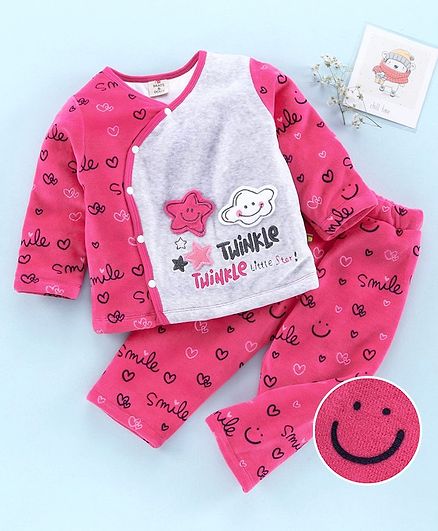Brats and Dolls Full Sleeves Winter Wear Night Suit Smile Print - Pink