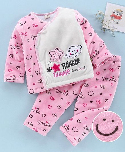 Brats and Dolls Full Sleeves Winter Wear Night Suit Smile Print - Light Pink