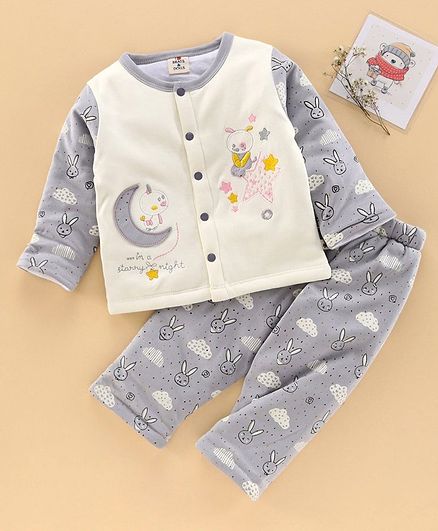 Brats and Dolls Winter Wear Full Sleeves Night Suit Rabbit Print - Grey