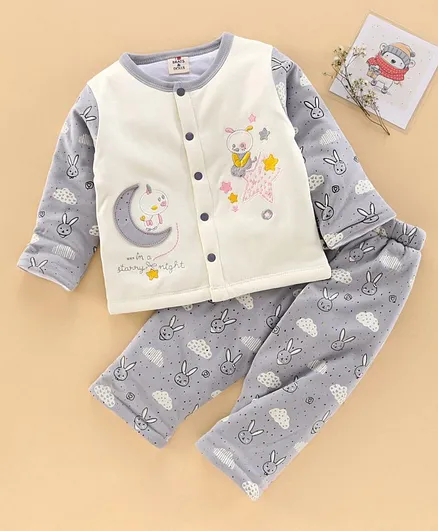 Brats and Dolls Winter Wear Full Sleeves Night Suit Rabbit Print - Grey