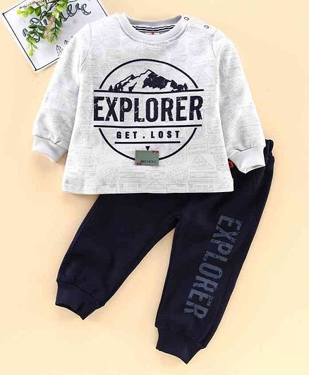 Brats & Dolls Full Sleeves Tee & Lounge Pant Explorer Print - Light Grey Navy Blue