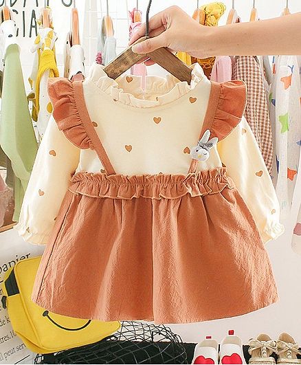 Kookie Kids Full Sleeves Frock Heart Print - Yellow