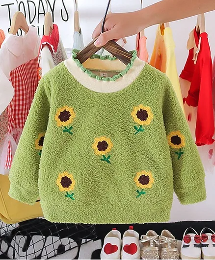 Kookie Kids Full Sleeves Sweater Sunflower Embroidery - Green