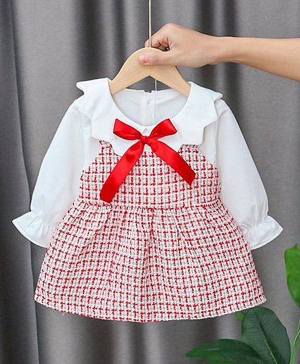 Kookie Kids Full Sleeves Checked Frock - Red