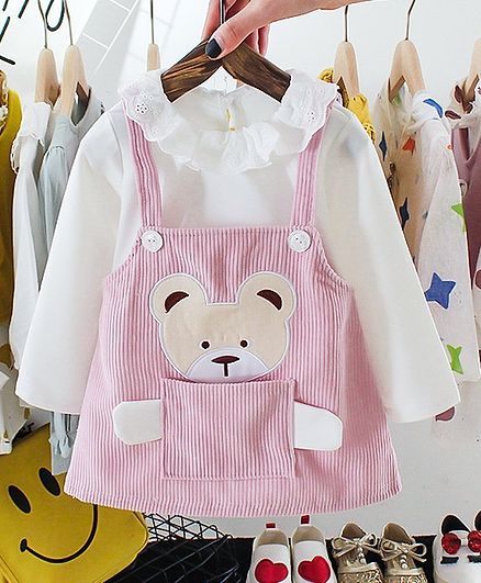 Kookie Kids Full Sleeves Frock Bear Patch - Pink