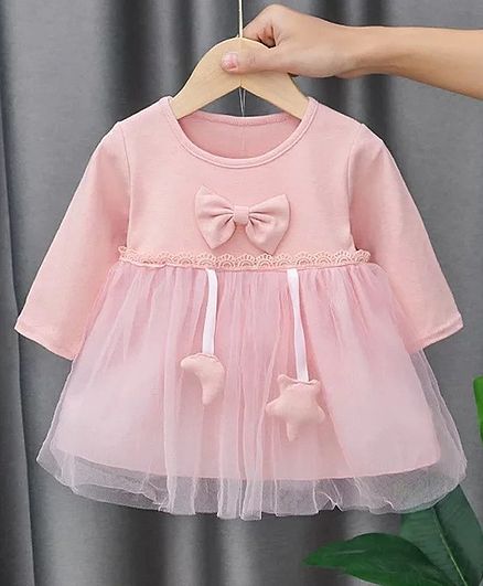 Kookie Kids Full Sleeves Frock with Bow Applique - Light Pink