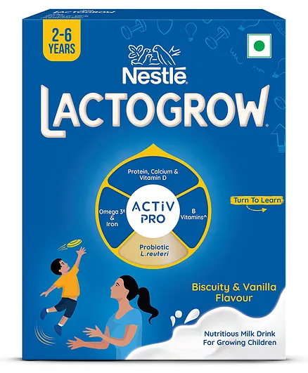 Nestle LACTOGROW Nutritious Milk Drink (3-6 Years) - 400 gm Bag In Box Pack (Biscuity and Vanilla Flavour)