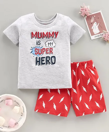 Babyhug Half Sleeves Night Suit Super Hero Print - Grey Red