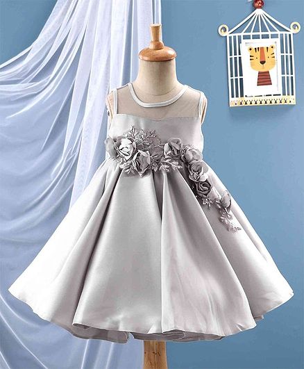 Anna Maria Sleeveless Flower Embellished Pleated Dress - Grey